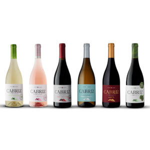Seis garrafas de vinho Cabriz variadas, cada uma com rótulos e tampas de cores diferentes, no pack Golden Hour.