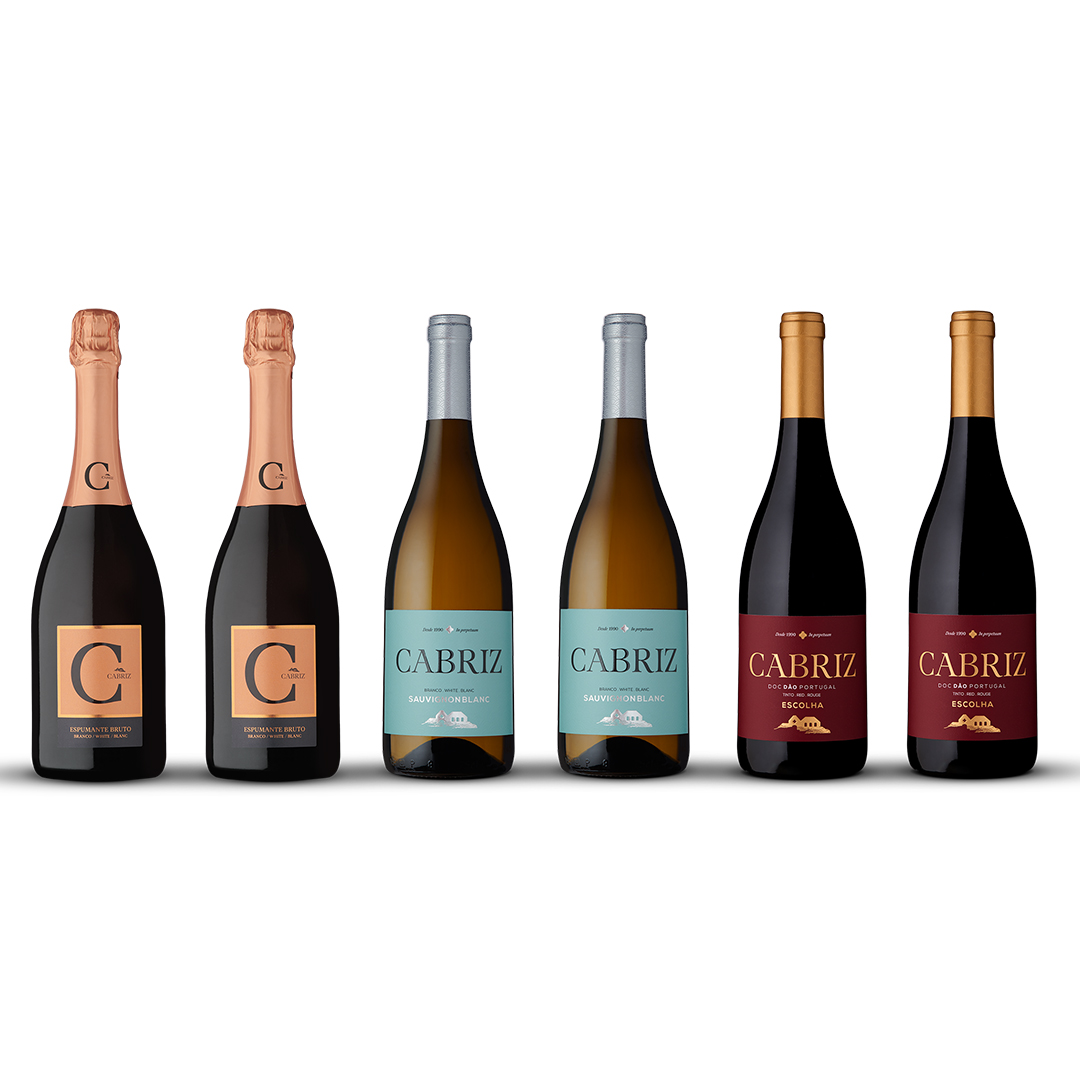 Seis garrafas de vinho no pack Happy Hallowine - espumante, branco e tinto - alinhadas numa fila.