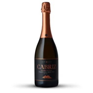 Uma garrafa de vinho espumante Cabriz com um rótulo escuro e uma folha de cobre no gargalo.