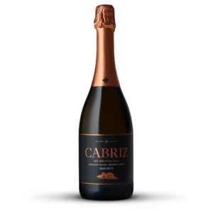 Uma garrafa de vinho espumante Cabriz com um rótulo preto e cobre sobre um fundo branco.