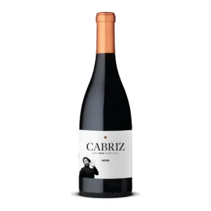 Uma garrafa de vinho tinto Cabriz com um rótulo branco e uma folha de cobre no gargalo.