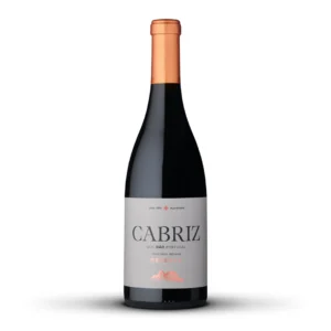 Uma garrafa de vinho tinto Cabriz Reserva com uma folha de cobre no gargalo.
