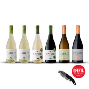 Seis garrafas de vinho Cabriz 75CL alinhadas, acompanhadas por um saca-rolhas com a marca e um ícone de oferta promocional.